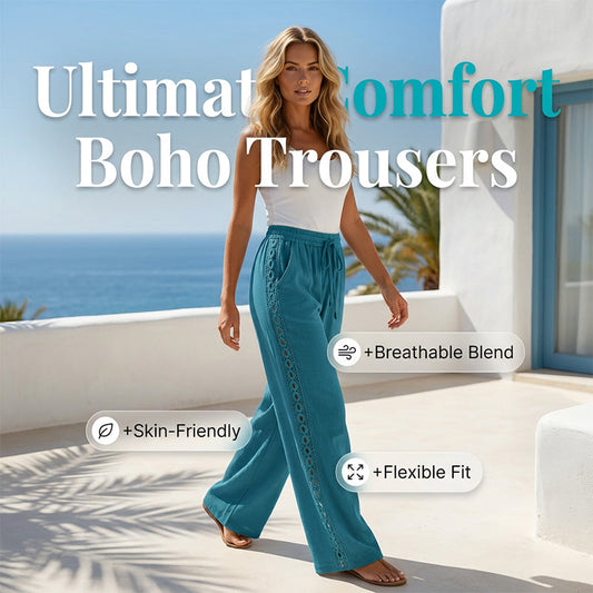 🔥🎁Nyhet 50 % RABATT🔥👖🌸 Lätta boho-byxor med spetsdetaljer och elastisk midja