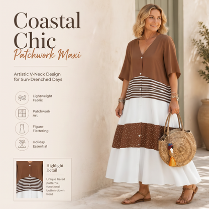 🔥🎁Nyhet 50 % RABATT🔥👗🌸 Elegant V-ringad maxiklänning med knappar fram