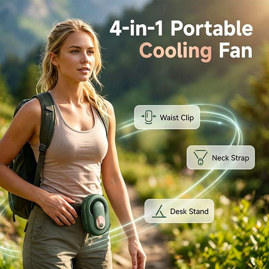 📢 -50 % !! ⏰ Bärbar 4-i-1-fläkt – Turbo med 5 hastigheter, bältesklämma för händer fria och digital LED-skärm – Perfekt för arbete, träning och resor 🌬️