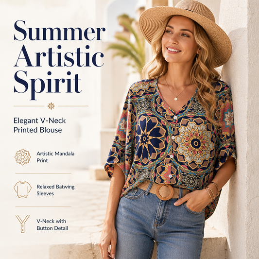 🔥Sista dagen – specialerbjudande: 50 % rabatt!!💝Damblus med V-ringning och bohemiskt mönster – sommarblus i lös passform