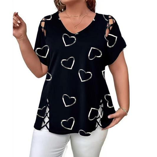 🛍️ 50 % rabatt – Oversized dam-T-shirt med hjärtmönster och snörningsdetaljer – avslappnad stil, andas bra och mångsidig för vardagen ❤️