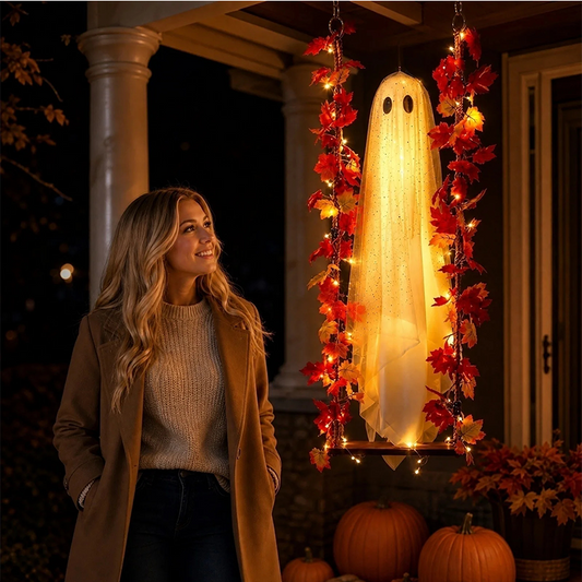 🔥🎁Nyhet 50 % RABATT🔥Hängande Halloween-spöke på Gunga med Fjärrkontroll LED och Lönnlöv