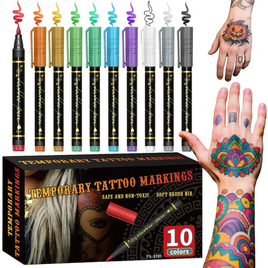 🎨 50% RABATT NU! Set med tillfälliga tatueringspennor i 10 färger – livfulla pigment, vattentåliga & enkla att tvätta bort ✨🖍️