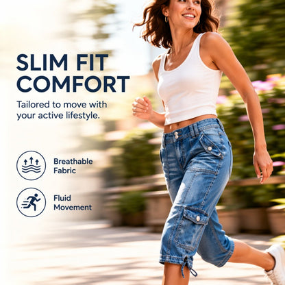 🔥🎁Nyhet 50 % RABATT🔥👖 Vintage-inspirerade capri-jeans i cargostil med dragsko i nederkanten – praktiska fickor och avslappnad stil för dagar i stan