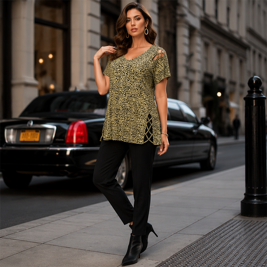 🔥🎁Nyhet 50 % RABATT🔥Löst sittande T-shirt med V-ringning och leopardmönster för damer