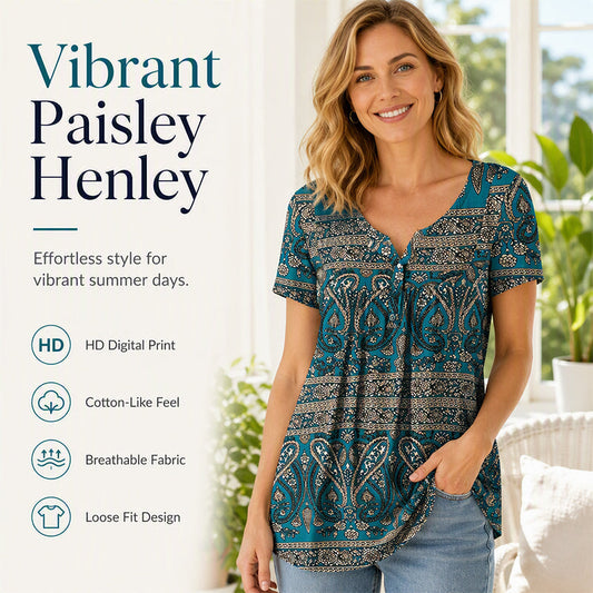 🏖️Sommarrea – 50 % rabatt🏝️👚Damtröja med paisleymönster, V-ringning och korta ärmar✨