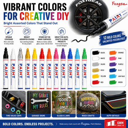 🖍️ 🎁Köp 1 få 1 gratis🔥! Vattenfast märkpenna – 12 färger, 6 mm mejselspets – för metall, glas, trä, gummi & sten – perfekt för DIY, garage, däck & konstprojekt 🎨✨