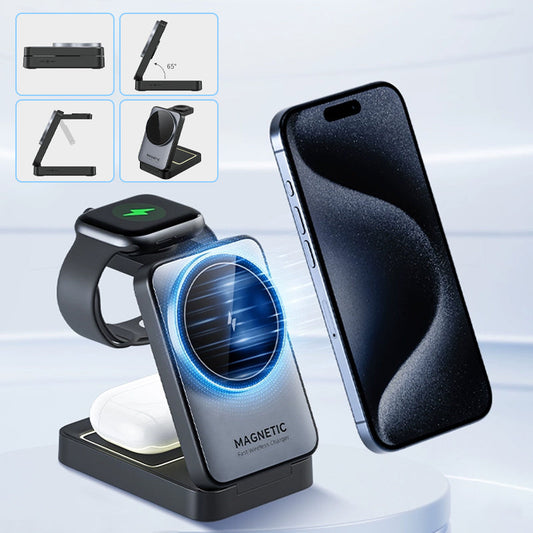 🔋 Ladda tre enheter samtidigt! ⚡ 15W 3-i-1 hopfällbar trådlös laddningsstation – snabbladdning för telefon 📱, klocka ⌚ och hörlurar 🎧 – perfekt för resor  och vardagen