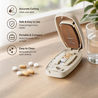 🛒Köp 1, få 1 gratis 💊 Bärbar tablettdelare (delar tabletter i två eller fyra delar), kompakt design, praktisk både på resan och hemma✨
