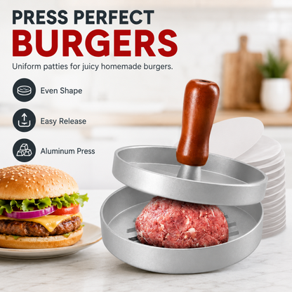 🍔Köp 1, få 1 gratis! Hamburgarpress i aluminiumlegering med trähandtag – gör det enkelt att forma jämna hamburgare som lätt lossnar; perfekt för grillning och vardagsmatlagning.