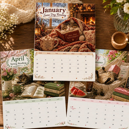 😻Köp 2, få 1 gratis | Väggkalender för 2027 med katter som slappar med böcker – bedårande konst med katter och böcker, stora skrivfält, den perfekta presenten för katt- och bokälskare!