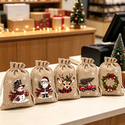 🎄🔥🎁Köp 1 få 1 gratis🔥🎁 Julklappspåsar med dragsko – festliga tomte- & renmotiv, dubbel dragsko & hållbart tyg – julglädje i varje gåva ✨