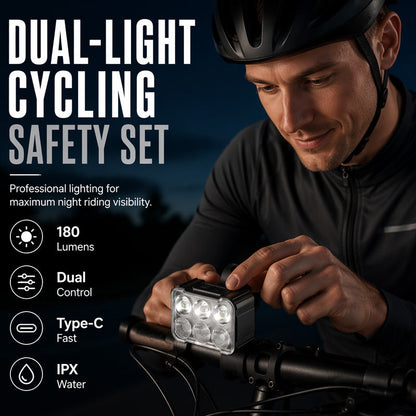 🚲📱Köp 2, få 1 gratis! Stötsäkert cykeltelefonfäste + set med 6 LED-lampor – 180 lumen, laddningsbar typ-C, dubbla oberoende lampor, vattentät. Säker nattcykling! 🛡️💪