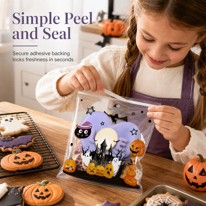 🔥🎁Köp 2 få 1 gratis🔥Självhäftande godispåsar för Halloween – för förpackning av kakor