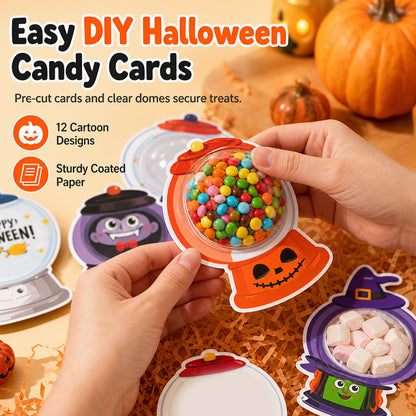 🔥🎁Nyhet 50 % RABATT🔥🍬 FESTFAVORIT FÖR BARN – Ge varje godisbit en egen Halloween-look med stabil kupolförpackning och färgglada kort – Kreativt godiskortskit för klassrum & kalas