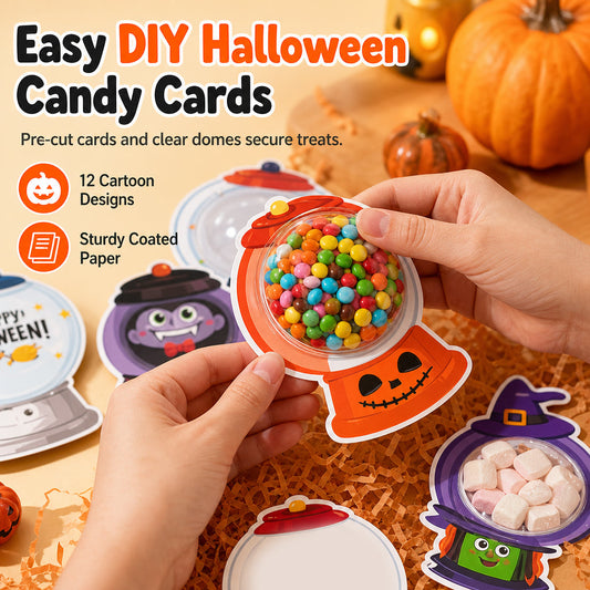 🔥🎁Nyhet 50 % RABATT🔥🍬 FESTFAVORIT FÖR BARN – Ge varje godisbit en egen Halloween-look med stabil kupolförpackning och färgglada kort – Kreativt godiskortskit för klassrum & kalas