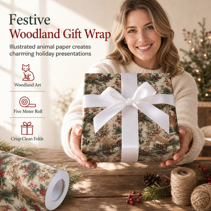 🎁Köp 2 få 1 gratis🔥Rulle med juligt presentpapper med skogsdjur för julklappar och festlig förpackning