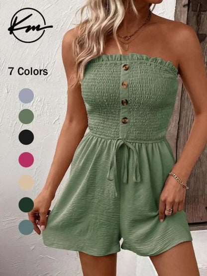 🔥🎁Nyhet 50 % RABATT🔥Axelbandslös Byxdress med Volangkant, Smockliv, Knytdetalj Framtill och Vida Ben för Dam