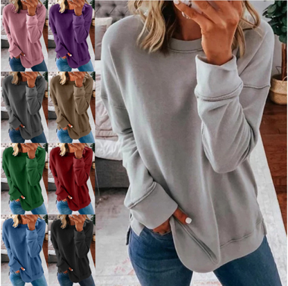 ✨Hot Sale ⭐Enfärgad långärmad, löst sittande T-shirt för damer, höst och vinter